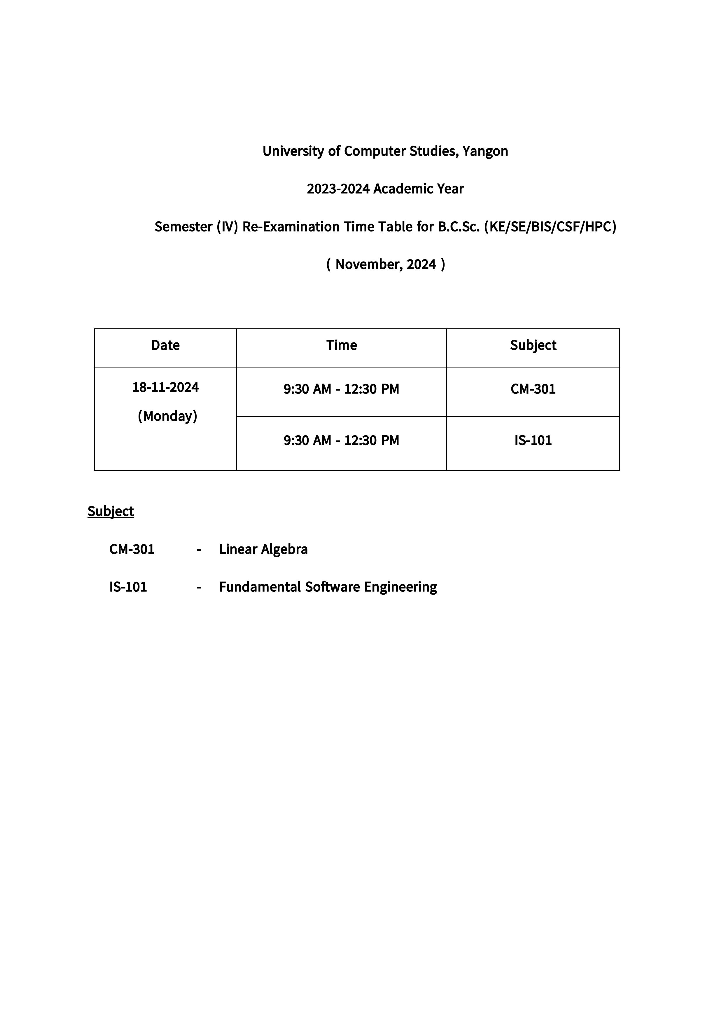 Re-exam Time-table